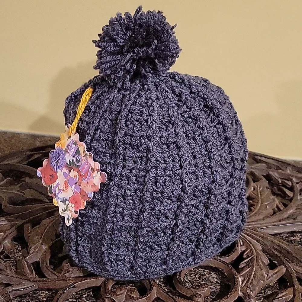 Handmade pom-pom hat beanie with fleece lining at ears crochet